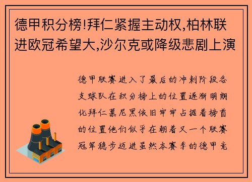 德甲积分榜!拜仁紧握主动权,柏林联进欧冠希望大,沙尔克或降级悲剧上演