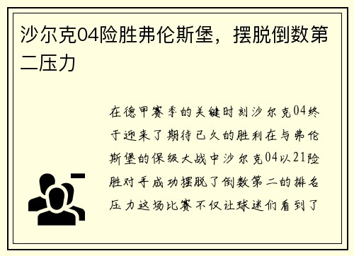 沙尔克04险胜弗伦斯堡，摆脱倒数第二压力