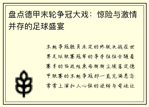 盘点德甲末轮争冠大戏：惊险与激情并存的足球盛宴