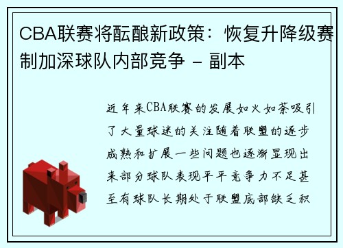 CBA联赛将酝酿新政策：恢复升降级赛制加深球队内部竞争 - 副本